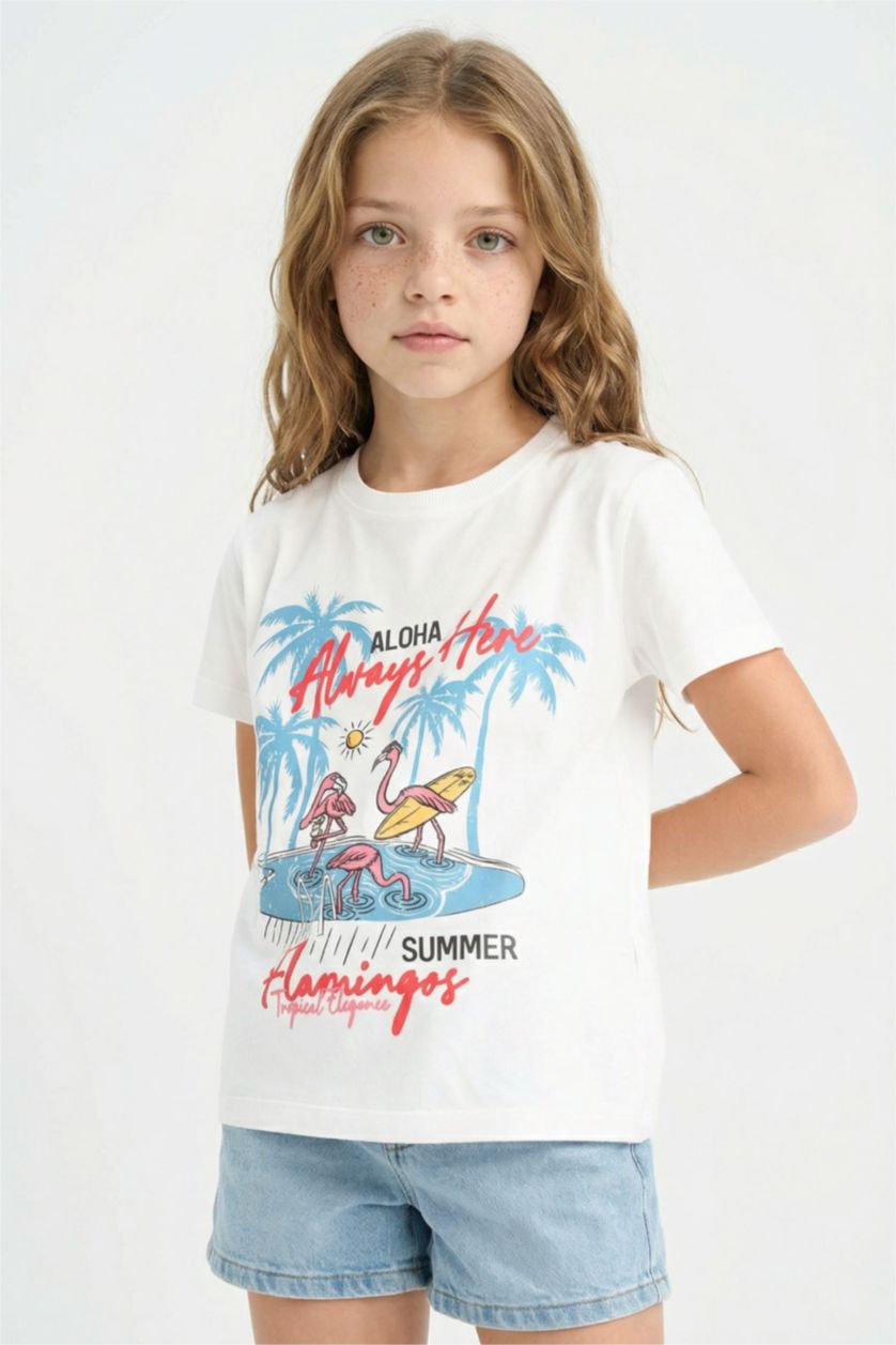 Kız Çocuk - Genç Kız Beyaz Bisiklet Yaka Baskılı Kısa Kollu Tişört Kız Çocuk