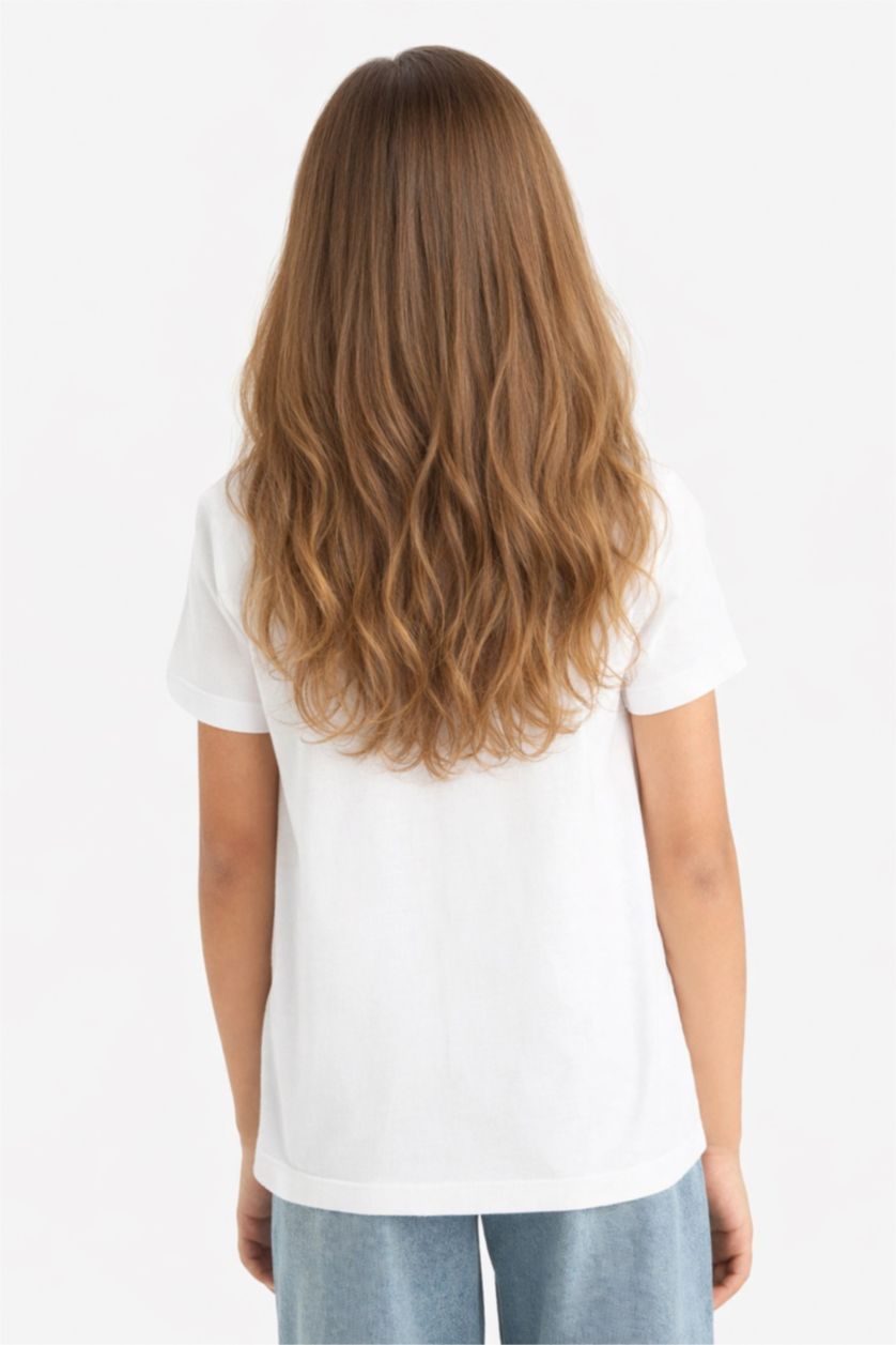 Kız Çocuk - Genç Kız Beyaz Bisiklet Yaka Baskılı Kısa Kollu Tişört Kız Çocuk