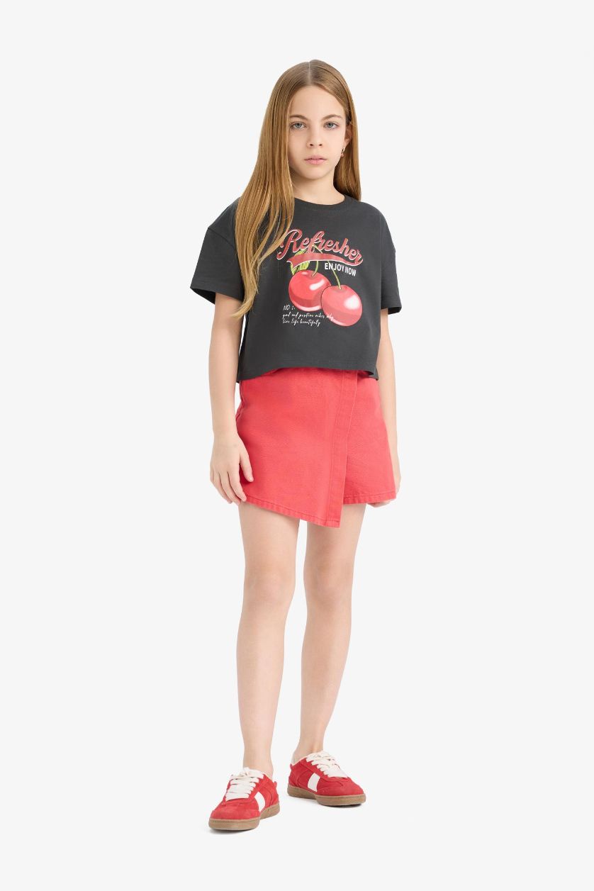 Kız Çocuk - Genç Kız Antrasit Bisiklet Yaka Baskılı Kısa Kollu Tişört Kız Çocuk