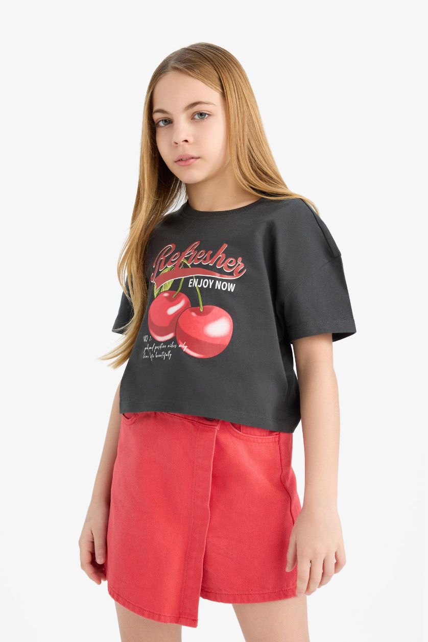 Kız Çocuk - Genç Kız Antrasit Bisiklet Yaka Baskılı Kısa Kollu Tişört Kız Çocuk