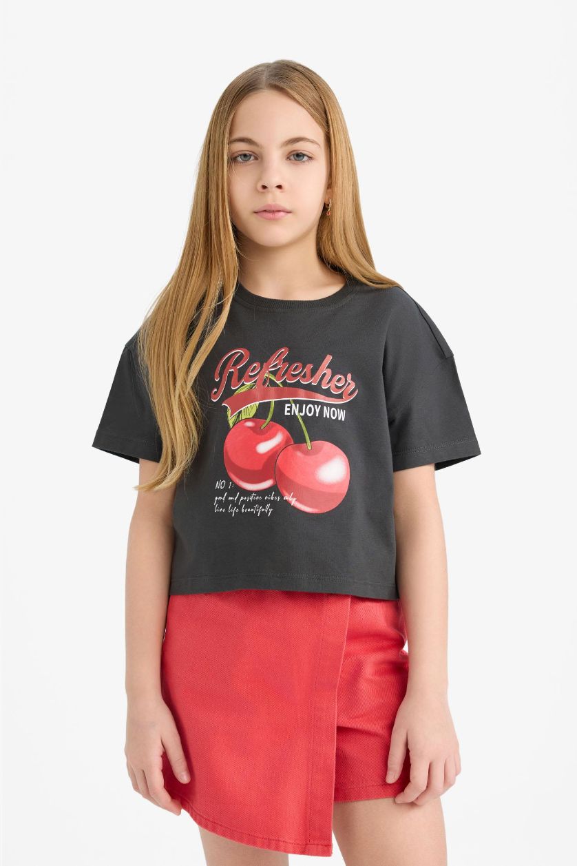 Kız Çocuk - Genç Kız Antrasit Bisiklet Yaka Baskılı Kısa Kollu Tişört Kız Çocuk
