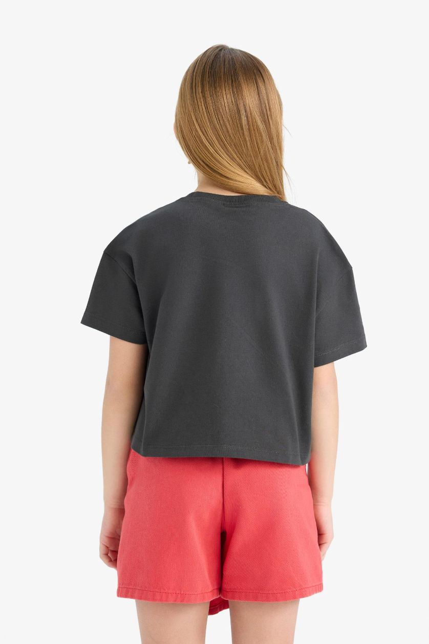 Kız Çocuk - Genç Kız Antrasit Bisiklet Yaka Baskılı Kısa Kollu Tişört Kız Çocuk