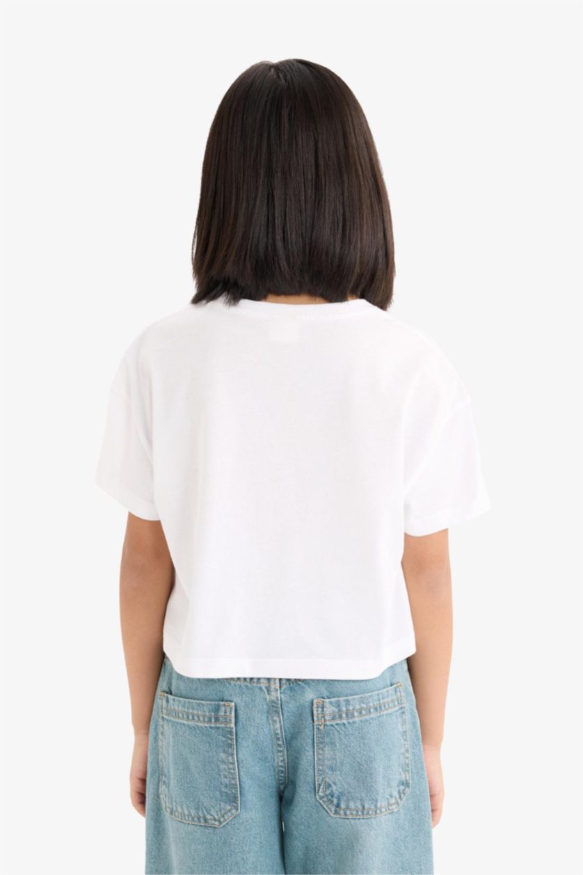 Kız Çocuk - Genç Kız Beyaz Bisiklet Yaka Baskılı Kısa Kollu Tişört Kız Çocuk