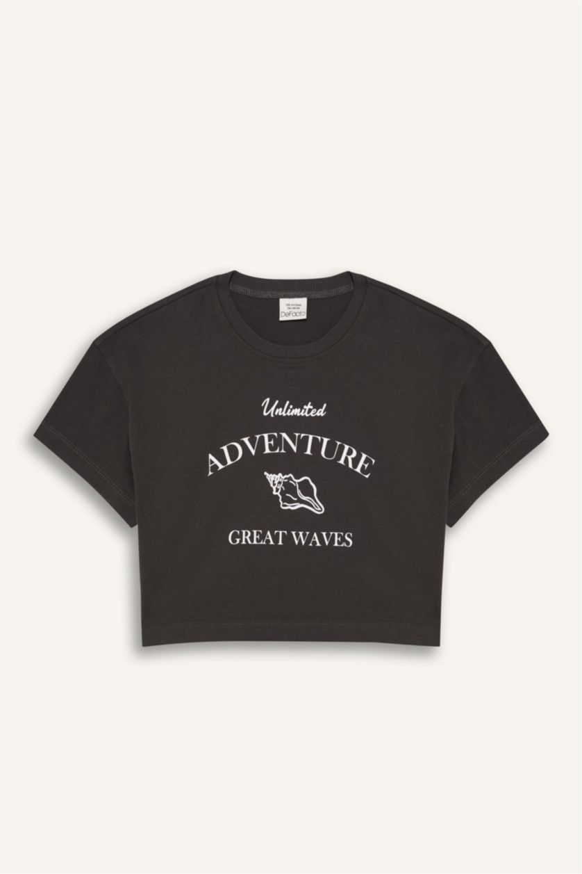 Kız Çocuk - Genç Kız Antrasit Crop Bisiklet Yaka Baskılı Kısa Kollu Tişört Kız Çocuk