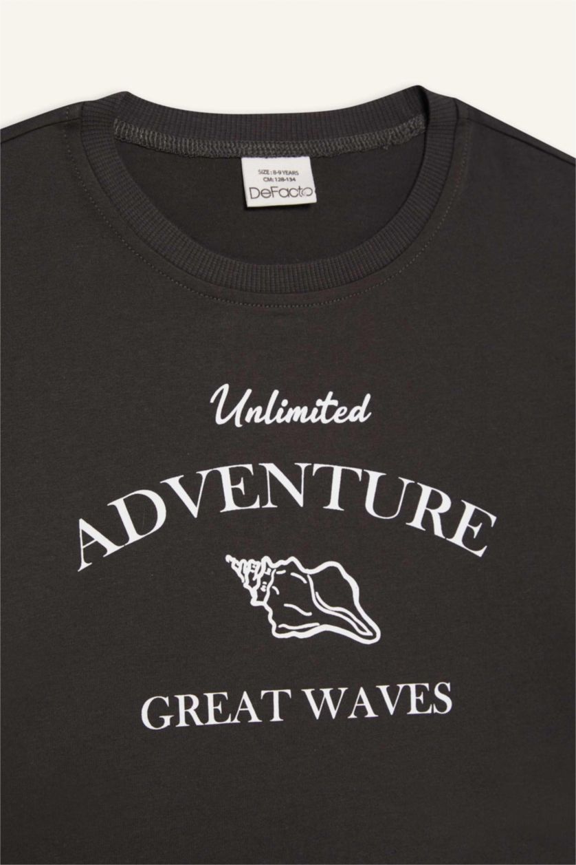 Kız Çocuk - Genç Kız Antrasit Crop Bisiklet Yaka Baskılı Kısa Kollu Tişört Kız Çocuk