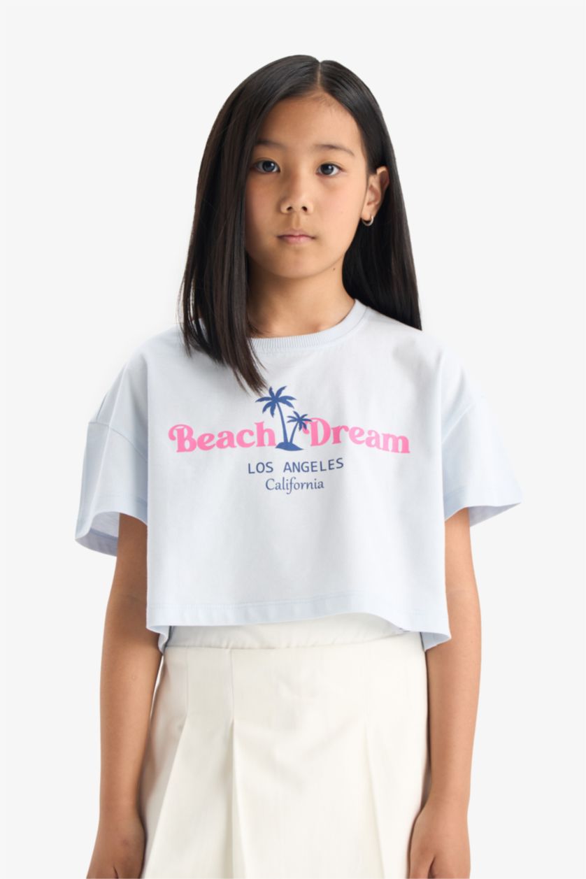 Young Girls - Teen Girls Light Blue Girl Crew Neck Printed Short Sleeve Crop T-Shirt