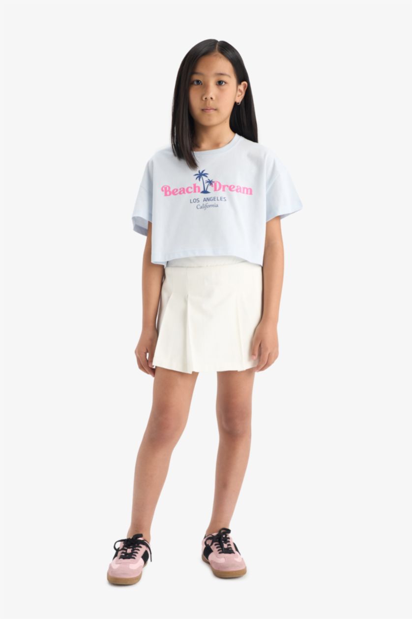 Young Girls - Teen Girls Light Blue Girl Crew Neck Printed Short Sleeve Crop T-Shirt