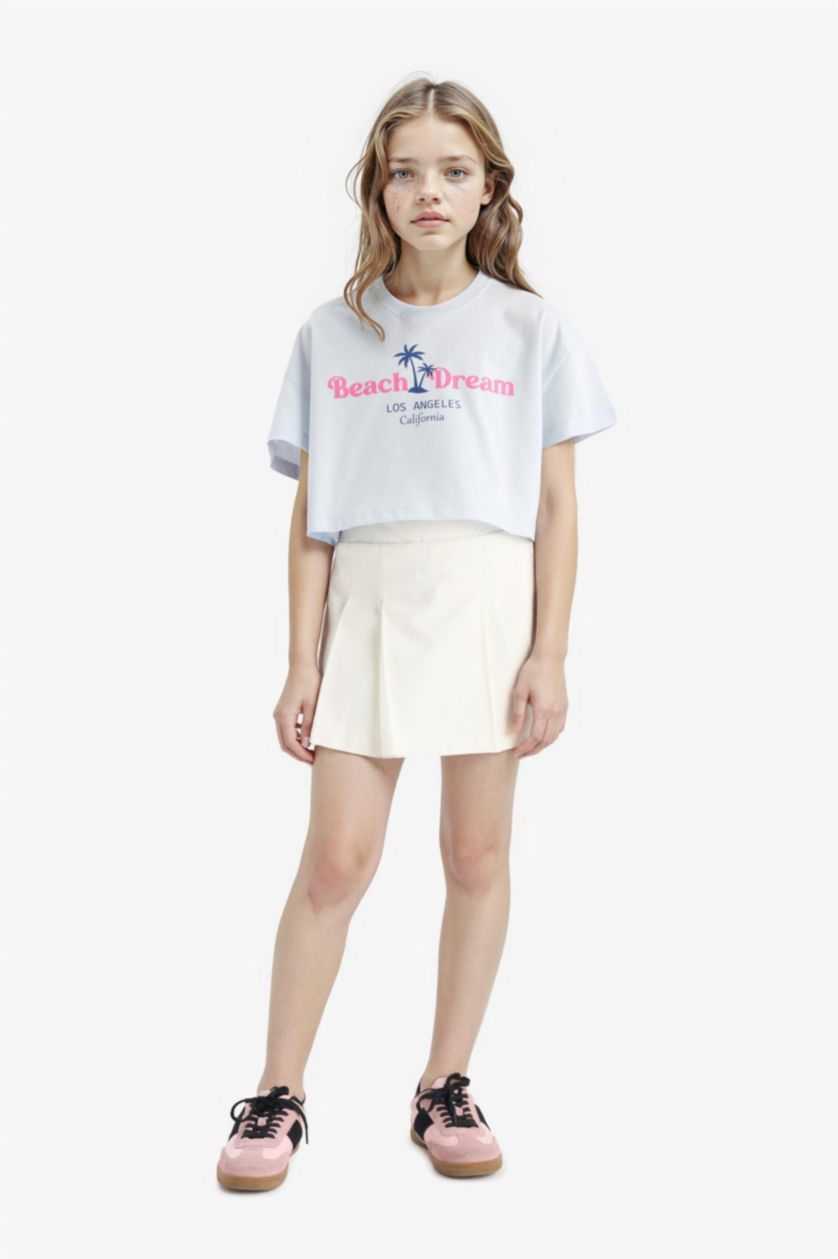 Kız Çocuk - Genç Kız Açık Mavi Crop Bisiklet Yaka Baskılı Kısa Kollu Tişört Kız Çocuk