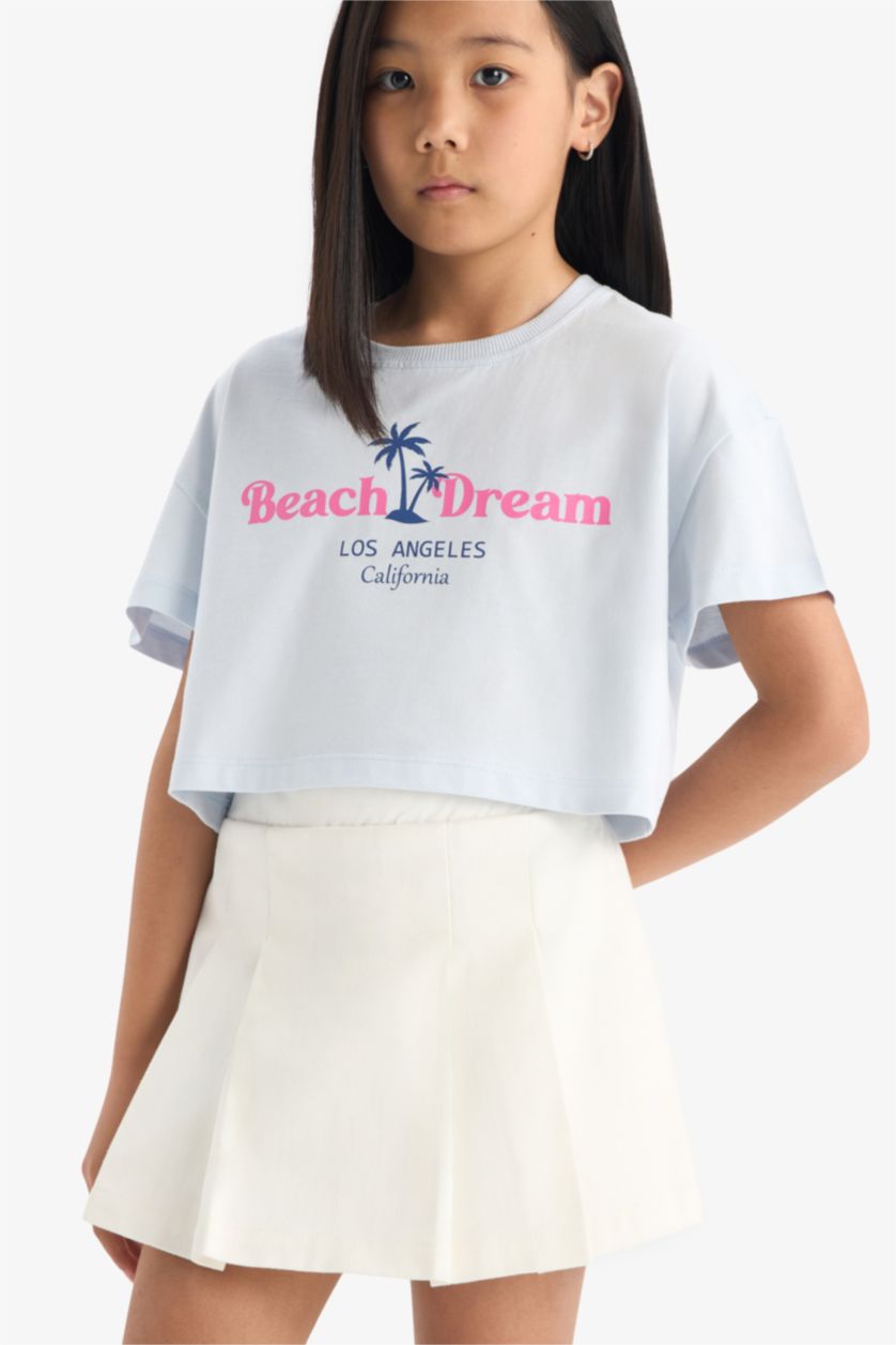 Young Girls - Teen Girls Light Blue Girl Crew Neck Printed Short Sleeve Crop T-Shirt