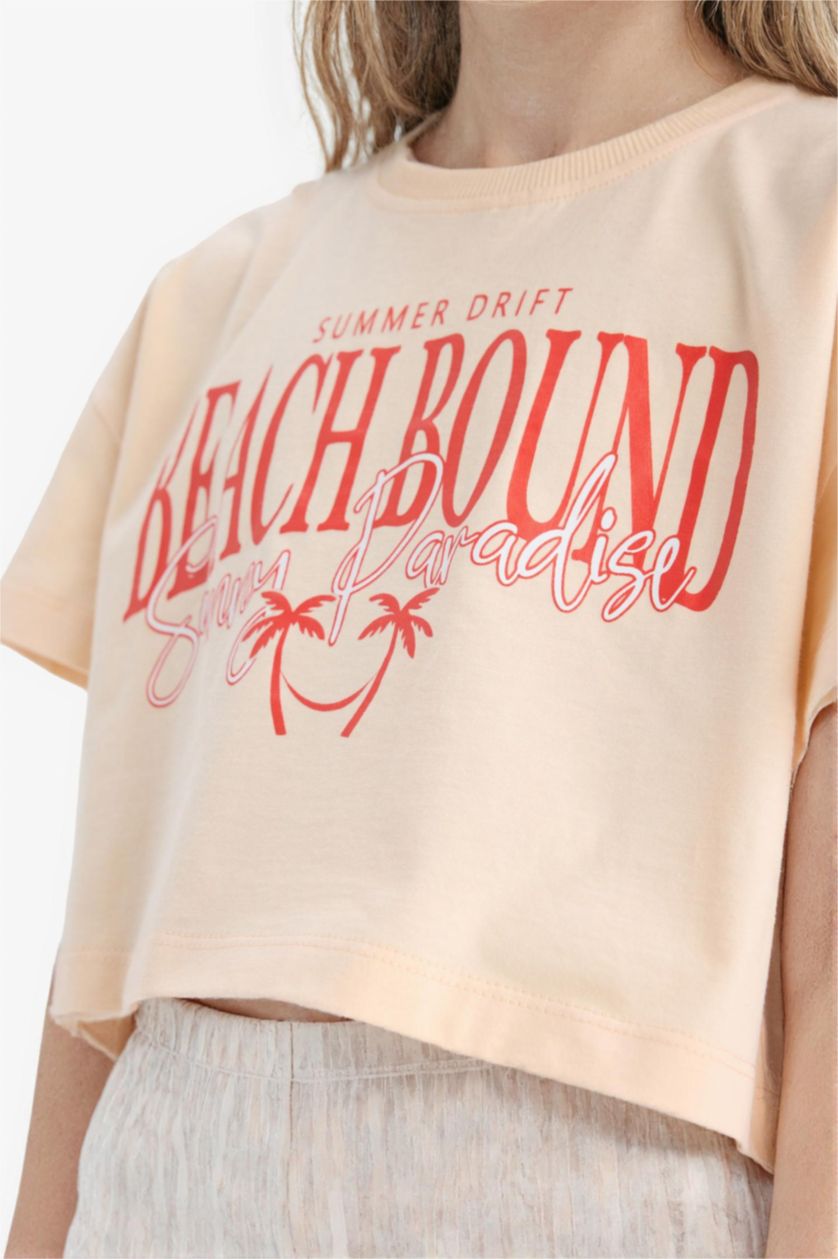 Kız Çocuk - Genç Kız Açık Somon Crop Bisiklet Yaka Baskılı Kısa Kollu Tişört Kız Çocuk