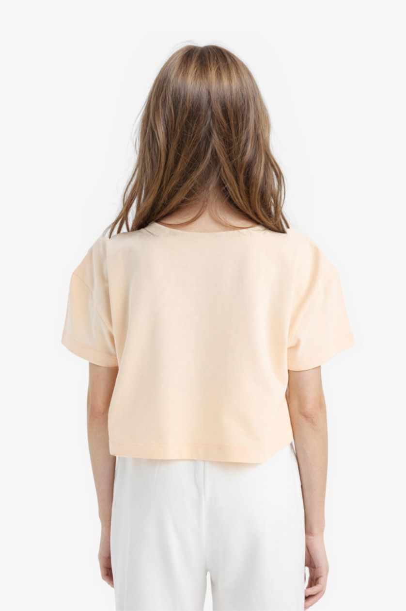 Kız Çocuk - Genç Kız Açık Somon Crop Bisiklet Yaka Baskılı Kısa Kollu Tişört Kız Çocuk