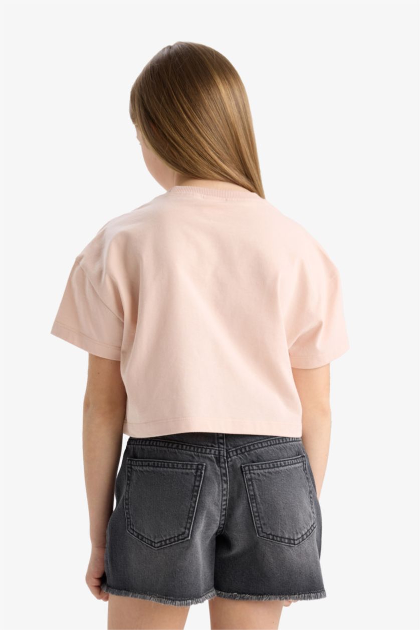 Kız Çocuk - Genç Kız Pembe Crop Bisiklet Yaka Baskılı Kısa Kollu Tişört Kız Çocuk