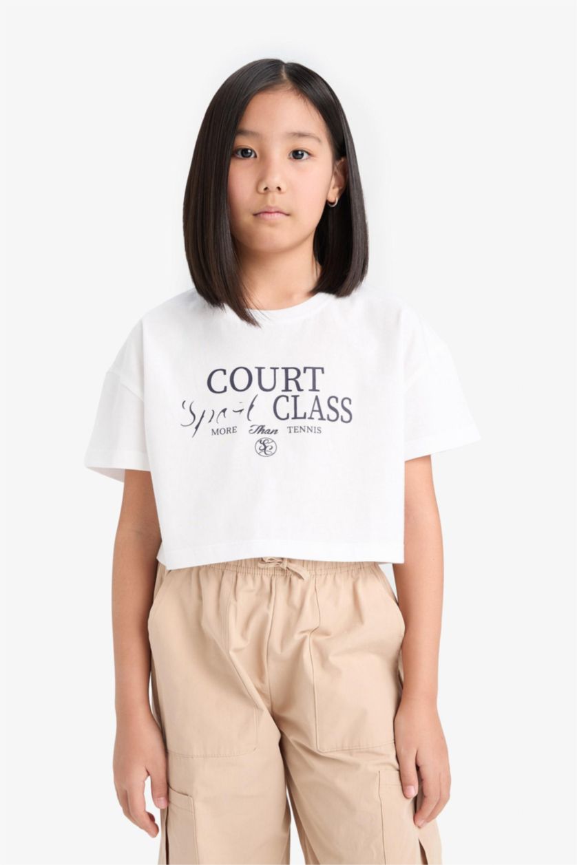 Kız Çocuk - Genç Kız Beyaz Crop Bisiklet Yaka Baskılı Kısa Kollu Tişört Kız Çocuk