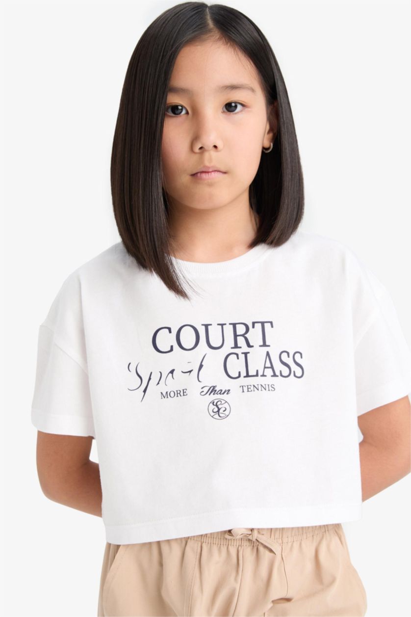 Kız Çocuk - Genç Kız Beyaz Crop Bisiklet Yaka Baskılı Kısa Kollu Tişört Kız Çocuk