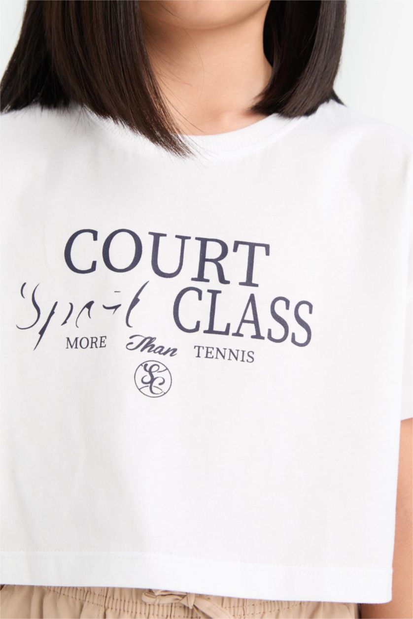 Kız Çocuk - Genç Kız Beyaz Crop Bisiklet Yaka Baskılı Kısa Kollu Tişört Kız Çocuk