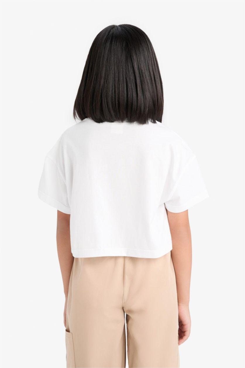 Kız Çocuk - Genç Kız Beyaz Crop Bisiklet Yaka Baskılı Kısa Kollu Tişört Kız Çocuk