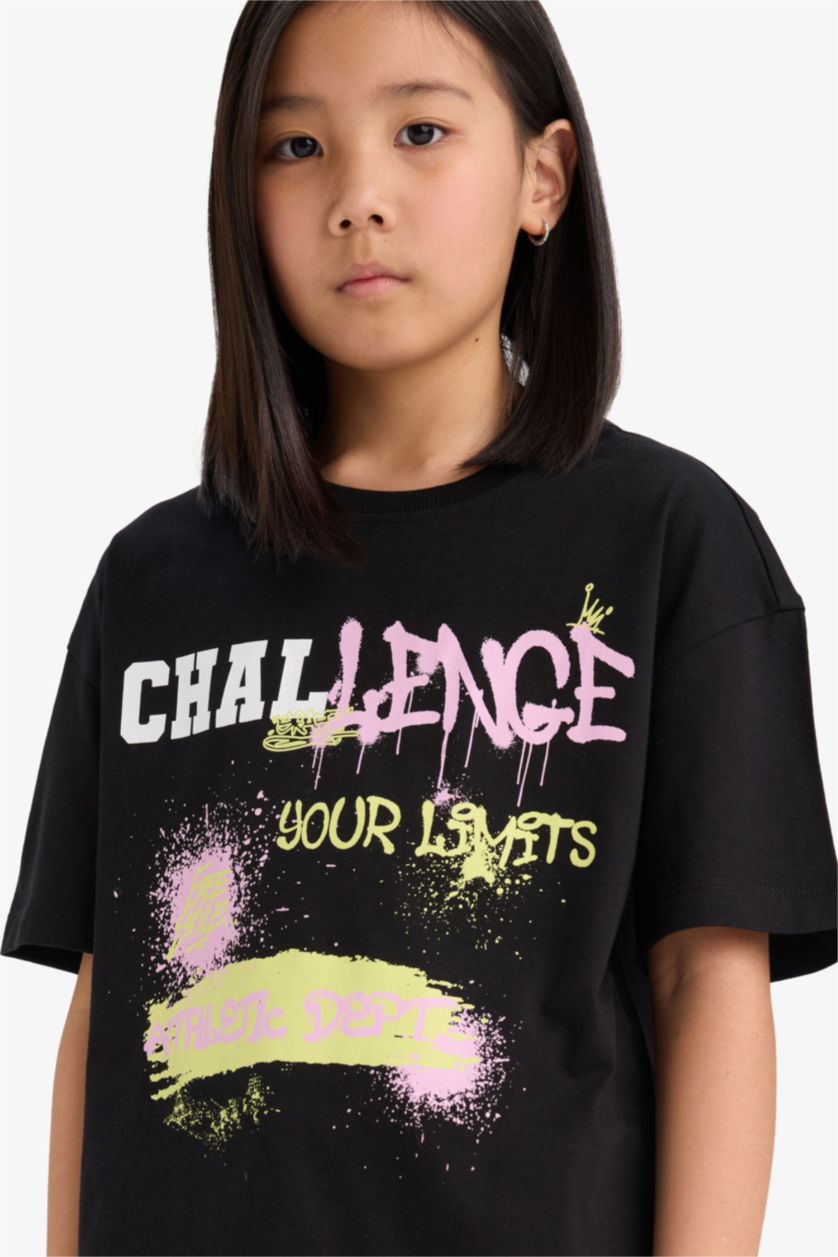 Kız Çocuk - Genç Kız Siyah Oversize Geniş Kalıp Bisiklet Yaka Baskılı Kısa Kollu Tişört Kız Çocuk