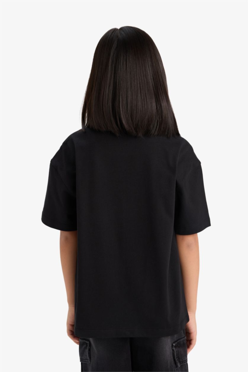 Kız Çocuk - Genç Kız Siyah Oversize Geniş Kalıp Bisiklet Yaka Baskılı Kısa Kollu Tişört Kız Çocuk