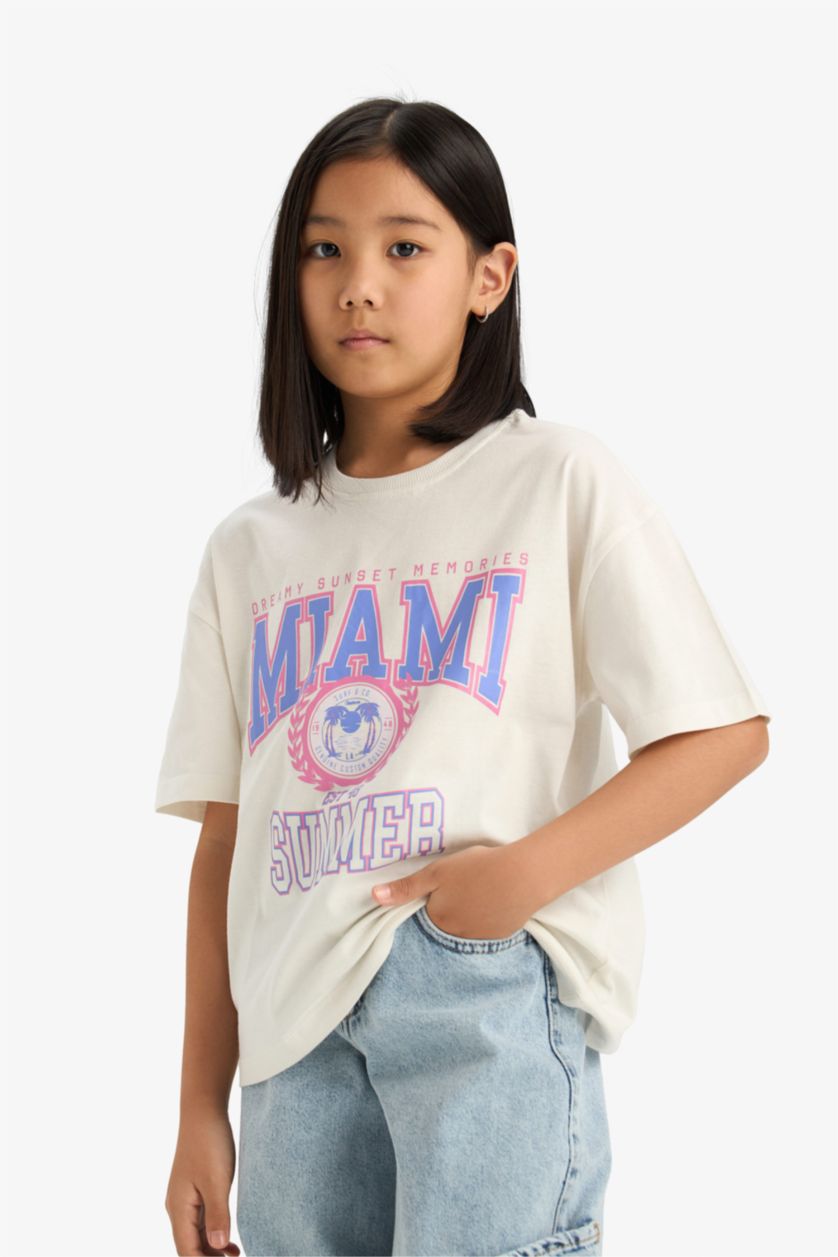 GIRLS & TEENS Ecru Girl Oversize Crew Neck Printed Short Sleeve T-Shirt