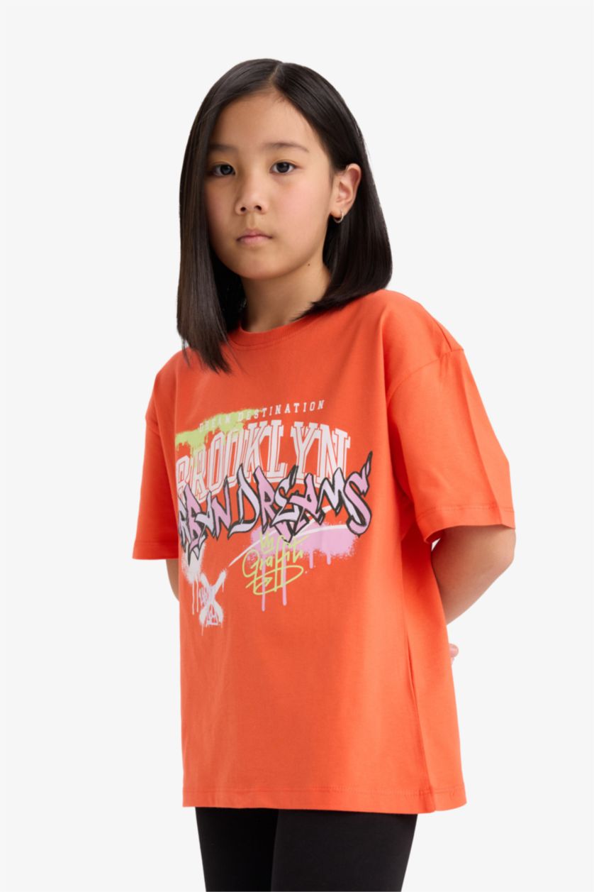 FILLES Orange T-shirt oversize imprimé à col rond et manches courtes pour fille