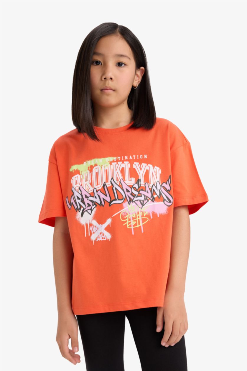 FILLES Orange T-shirt oversize imprimé à col rond et manches courtes pour fille