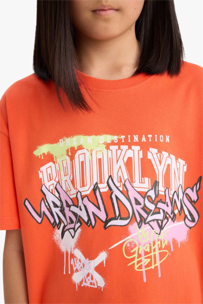 FILLES Orange T-shirt oversize imprimé à col rond et manches courtes pour fille