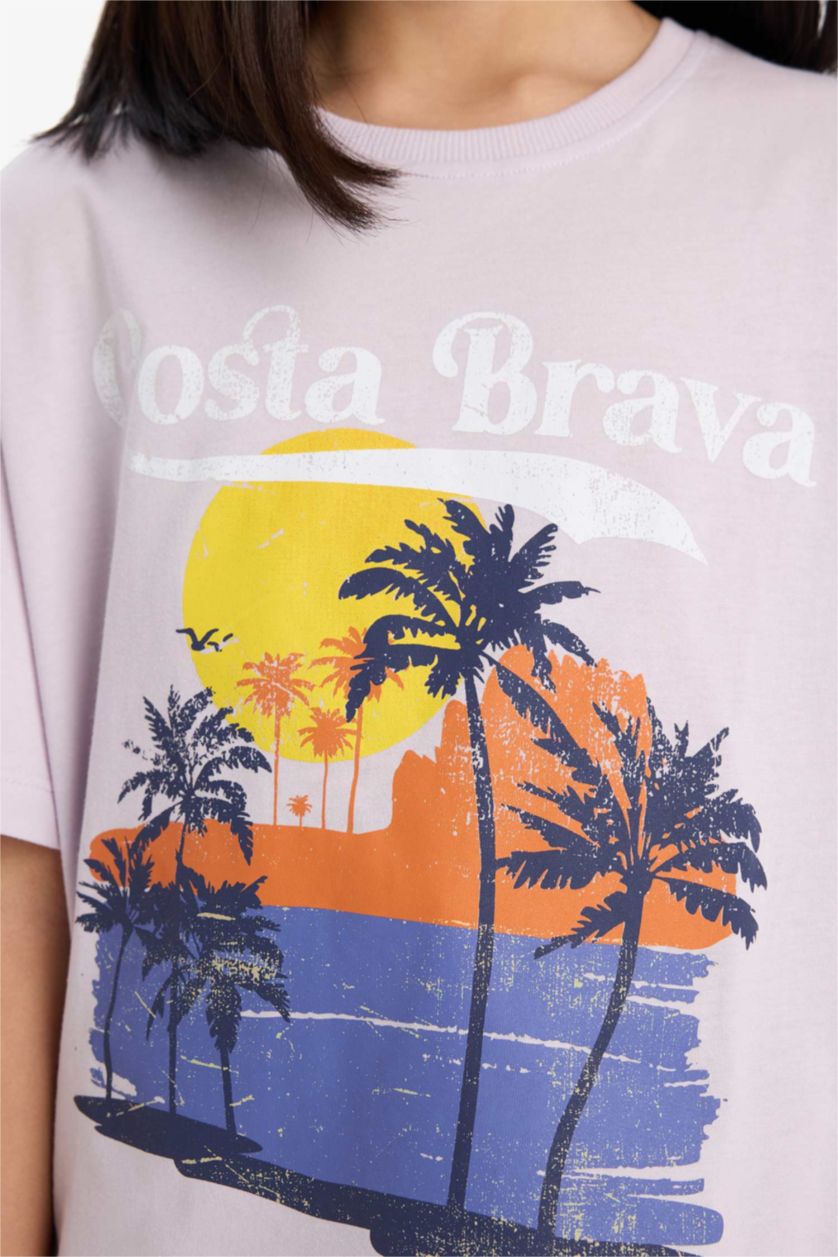 Kız Çocuk - Genç Kız Pembe Oversize Geniş Kalıp Bisiklet Yaka Baskılı Kısa Kollu Tişört Kız Çocuk