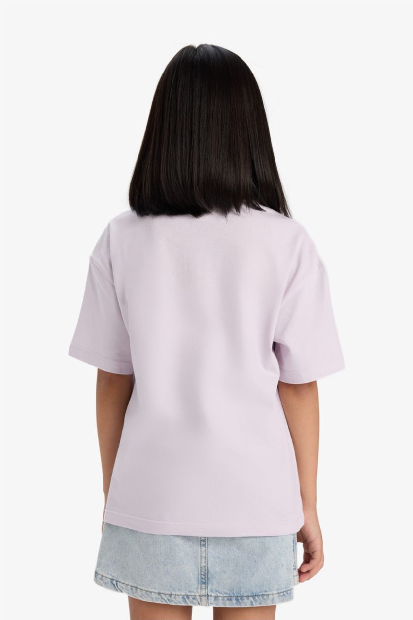 Kız Çocuk - Genç Kız Pembe Oversize Geniş Kalıp Bisiklet Yaka Baskılı Kısa Kollu Tişört Kız Çocuk