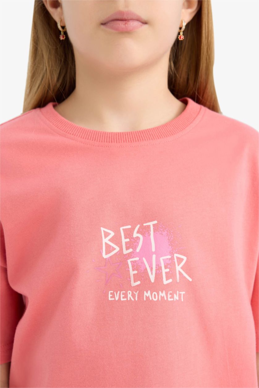 Kız Çocuk - Genç Kız Gülkurusu Relax Fit Bisiklet Yaka Sırt Baskılı Kısa Kollu Tişört Kız Çocuk