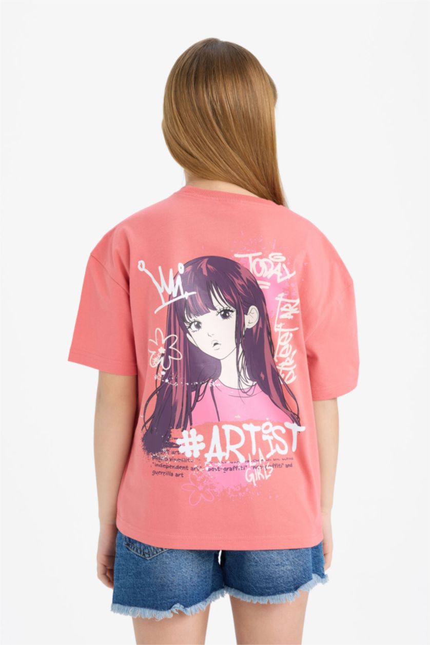 Kız Çocuk - Genç Kız Gülkurusu Relax Fit Bisiklet Yaka Sırt Baskılı Kısa Kollu Tişört Kız Çocuk