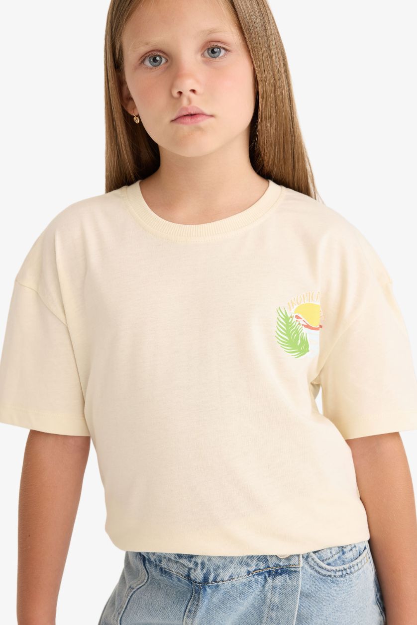 Kız Çocuk - Genç Kız Ekru Relax Fit Bisiklet Yaka Sırt Baskılı Kısa Kollu Tişört Kız Çocuk