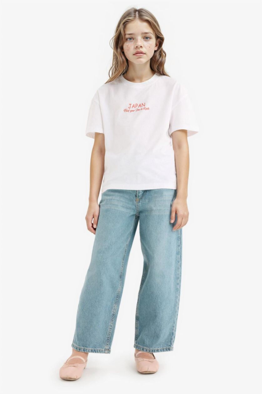 بنات أبيض تيشيرت نص ردن قصة مريحة بياقة مستديرة