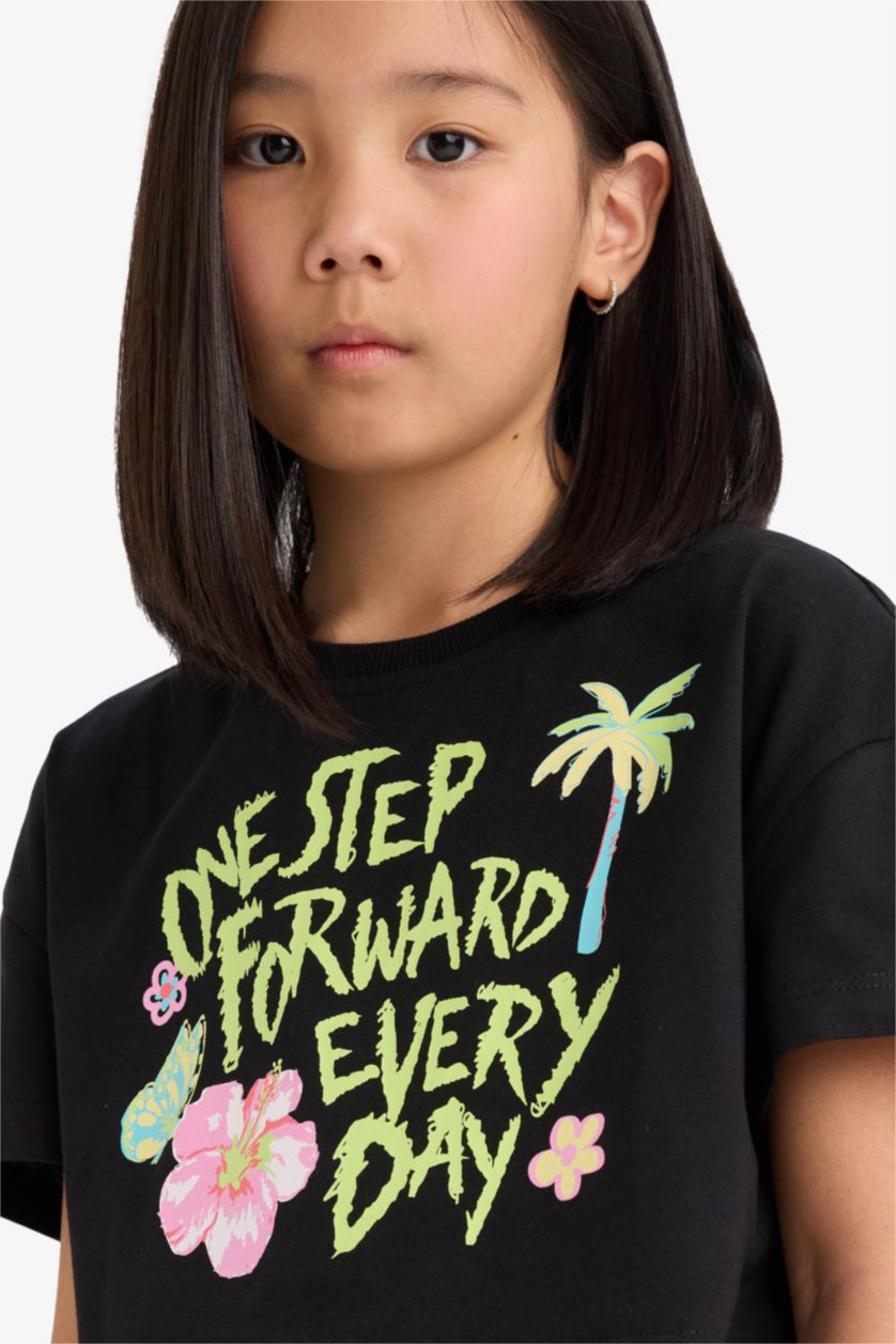 Kız Çocuk - Genç Kız Siyah Crop Bisiklet Yaka Baskılı Kısa Kollu Tişört Kız Çocuk