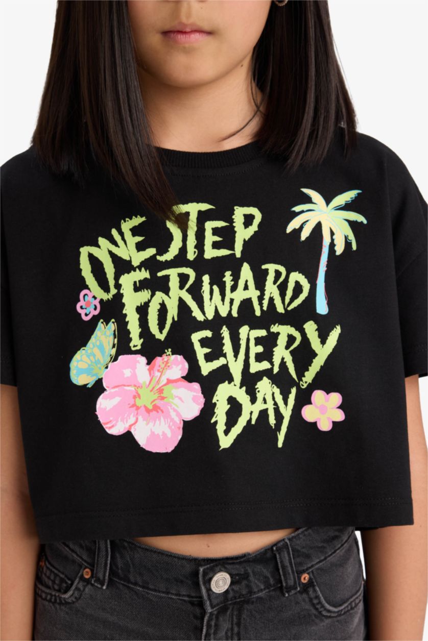 Kız Çocuk - Genç Kız Siyah Crop Bisiklet Yaka Baskılı Kısa Kollu Tişört Kız Çocuk