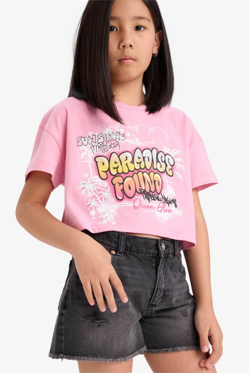 Girls & Teens Light Pink Girl Full Crop Crew Neck Short Sleeve T-Shirt