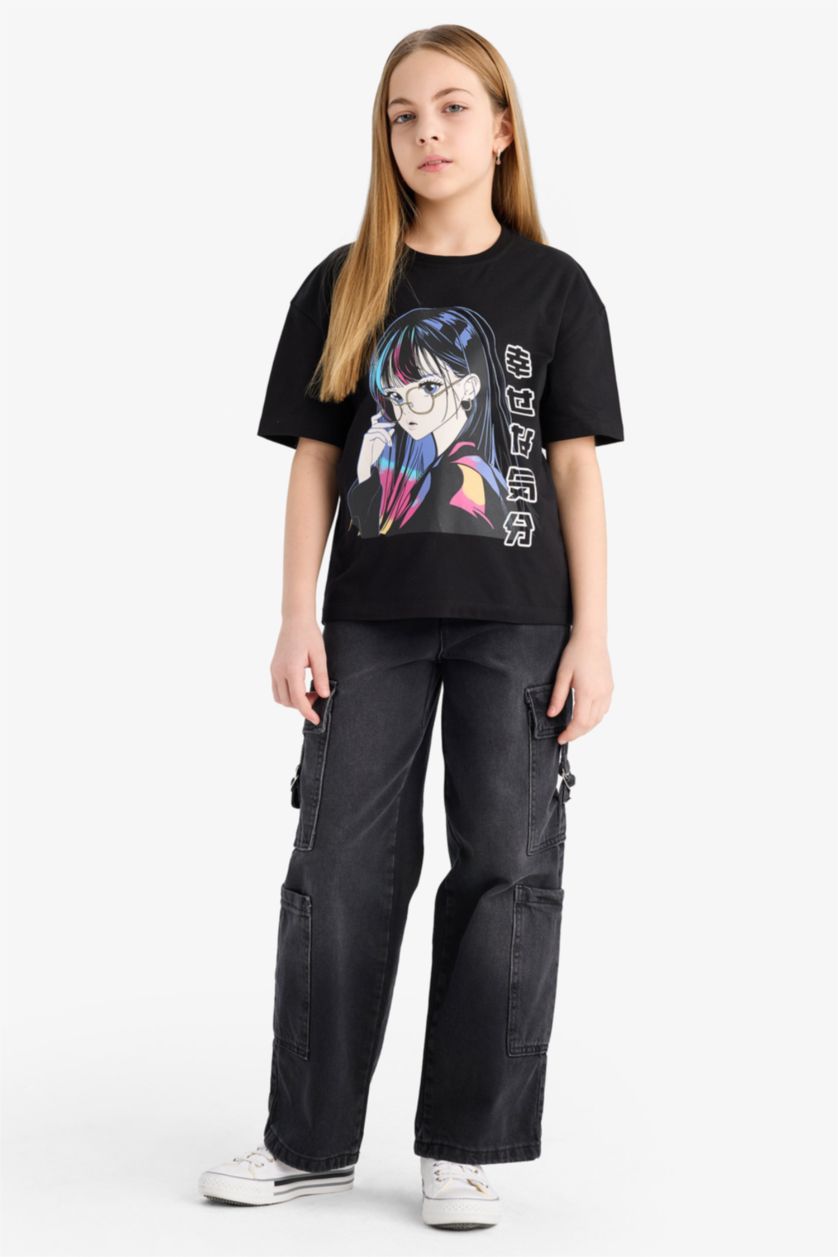 Kız Çocuk - Genç Kız Siyah Relax Fit Bisiklet Yaka Baskılı Kısa Kollu Tişört Kız Çocuk