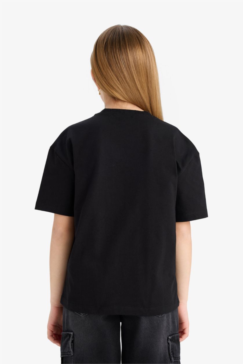 Kız Çocuk - Genç Kız Siyah Relax Fit Bisiklet Yaka Baskılı Kısa Kollu Tişört Kız Çocuk