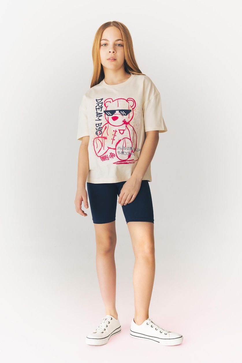 Girls & Teens Ecru Girl Relax Fit Printed Crew Neck T-Shirt