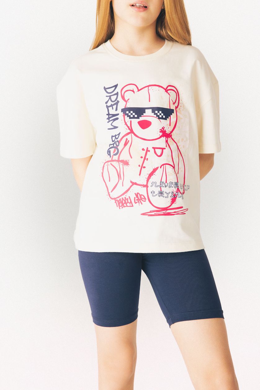 Girls & Teens Ecru Girl Relax Fit Printed Crew Neck T-Shirt