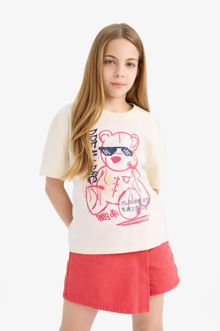 Girls & Teens Ecru Girl Relax Fit Printed Crew Neck T-Shirt