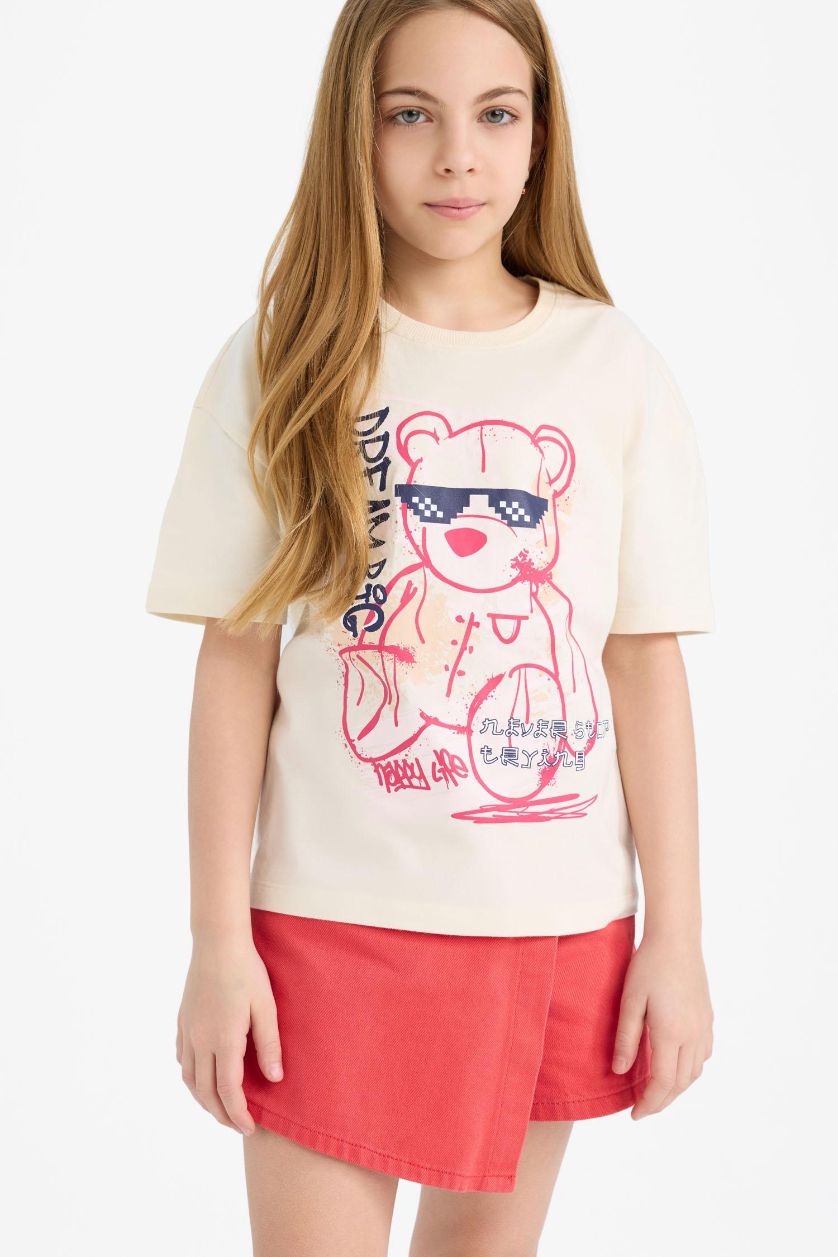 Girls & Teens Ecru Girl Relax Fit Printed Crew Neck T-Shirt