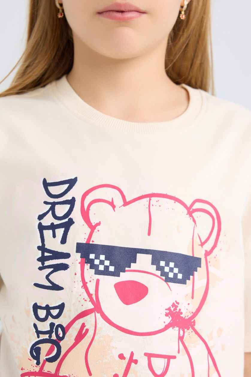 Girls & Teens Ecru Girl Relax Fit Printed Crew Neck T-Shirt