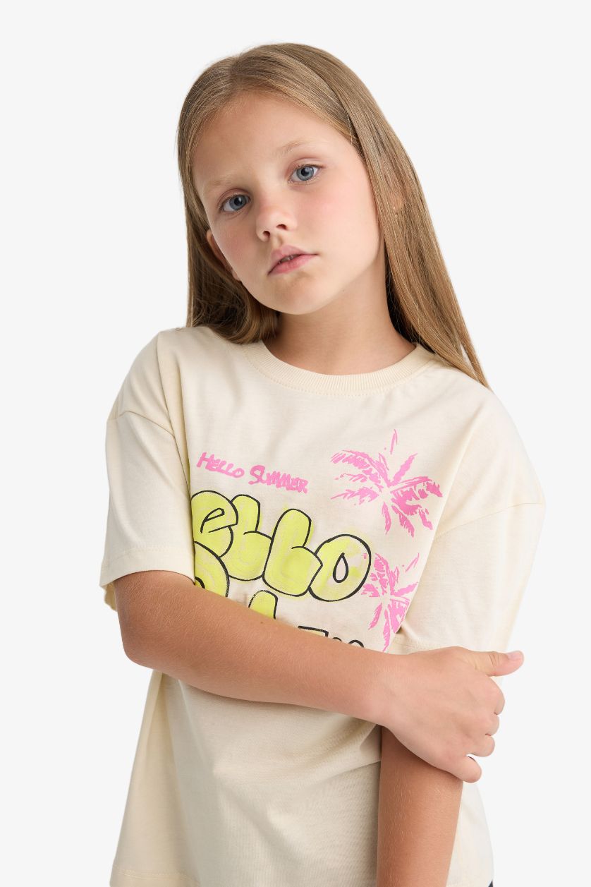 Kız Çocuk - Genç Kız Açık Taş Relax Fit Baskılı Bisiklet Yaka Kısa Kollu Tişört Kız Çocuk