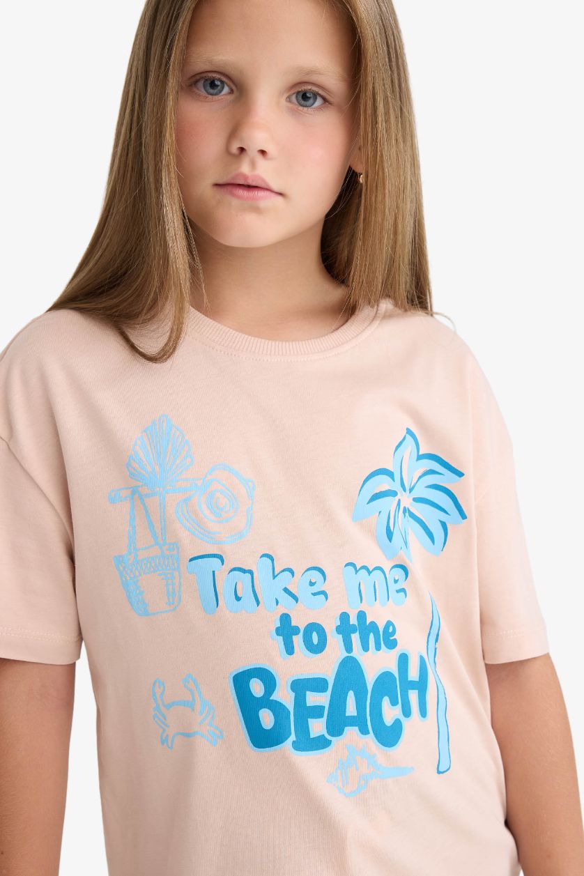 Kız Çocuk - Genç Kız Pembe Relax Fit Bisiklet Yaka Baskılı Kısa Kollu Tişört Kız Çocuk