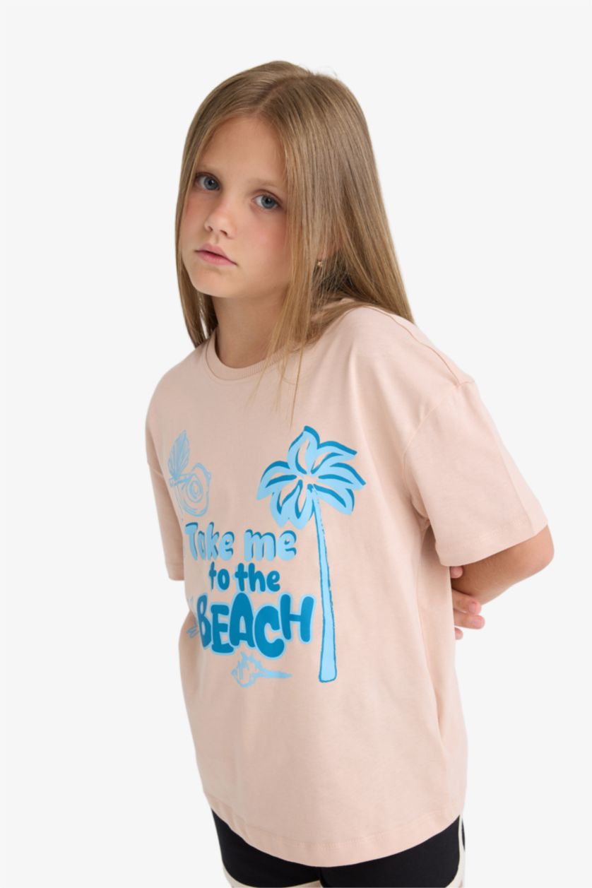 Kız Çocuk - Genç Kız Pembe Relax Fit Bisiklet Yaka Baskılı Kısa Kollu Tişört Kız Çocuk