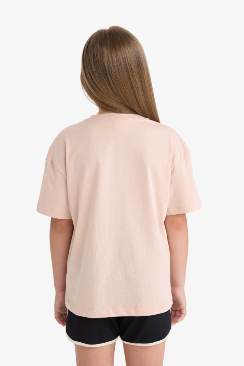 Kız Çocuk - Genç Kız Pembe Relax Fit Bisiklet Yaka Baskılı Kısa Kollu Tişört Kız Çocuk