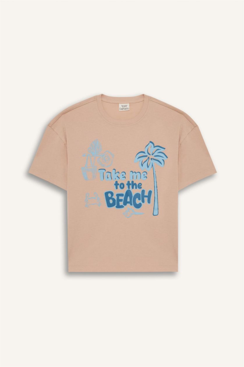 Kız Çocuk - Genç Kız Pembe Relax Fit Bisiklet Yaka Baskılı Kısa Kollu Tişört Kız Çocuk