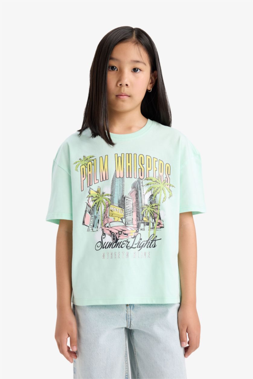 Kız Çocuk - Genç Kız Deniz Mavisi Relax Fit Bisiklet Yaka Baskılı Kısa Kollu Tişört Kız Çocuk