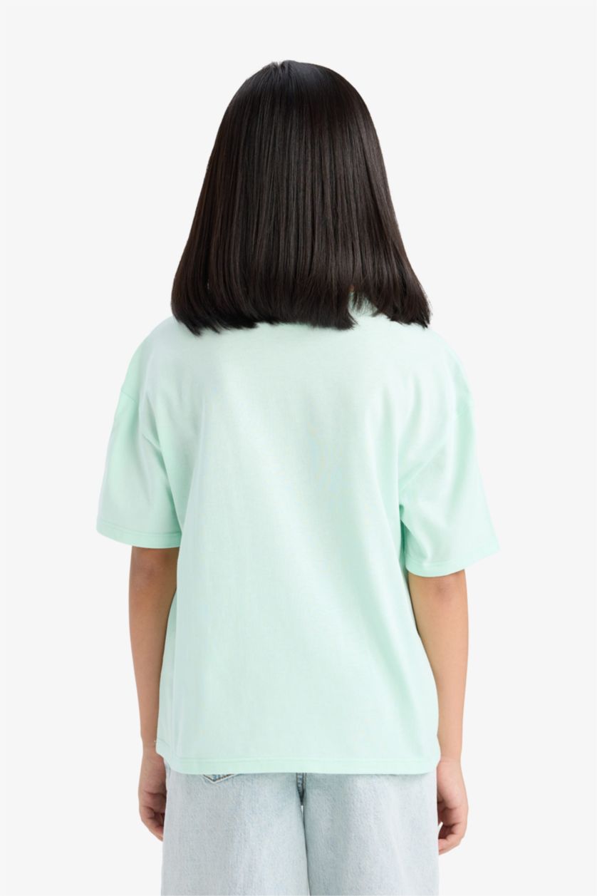 Kız Çocuk - Genç Kız Deniz Mavisi Relax Fit Bisiklet Yaka Baskılı Kısa Kollu Tişört Kız Çocuk