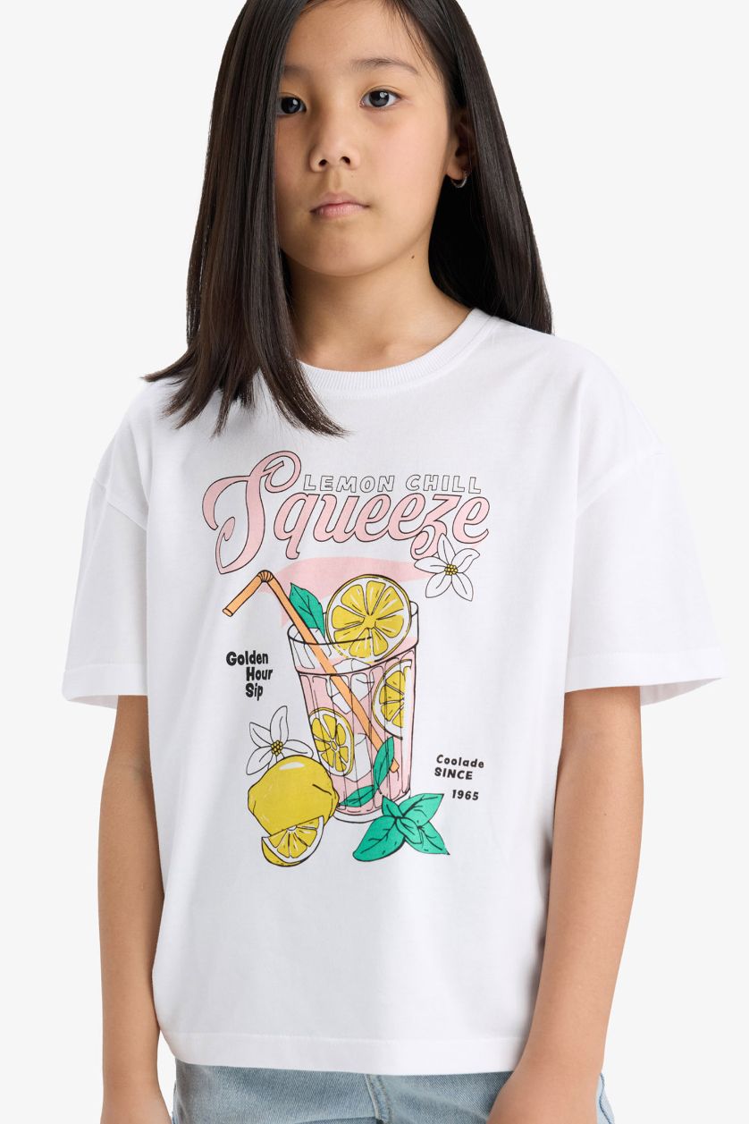 Kız Çocuk - Genç Kız Beyaz Relax Fit Bisiklet Yaka Baskılı Kısa Kollu Tişört Kız Çocuk